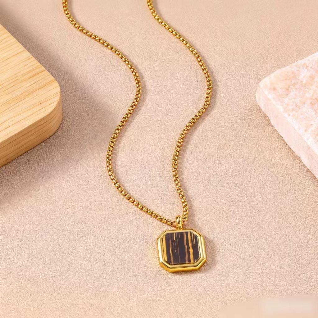 Unisex Stainless Steel Tiger Eye & Lapis Lazuli Square Pendant Necklace