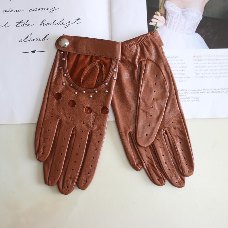 New Women's Sheepskin Gloves Thin Unlined Rivet Style Colored Driving Leather Gloves