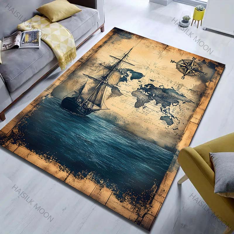 Vintage Nautical Chart Print Carpet for Bedroom Living Room Bedside Sofa Floor Mat Modern Home Decor Area Rug Large Size