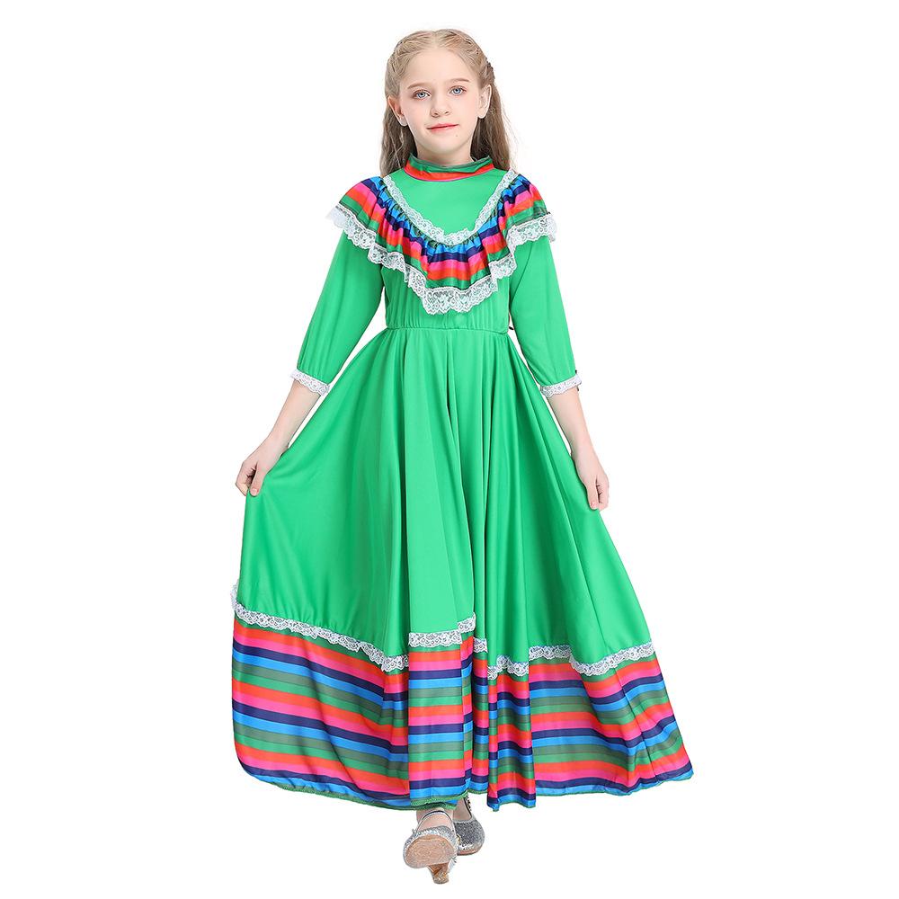 Girls Mexican Folk Dance Long Maxi Dress Ethnic Costume for Party Performance XS зелёный