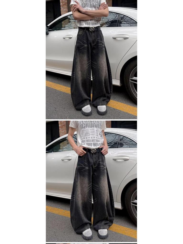 Men's American Retro Washed Black Wide-Leg Scimitar Jeans