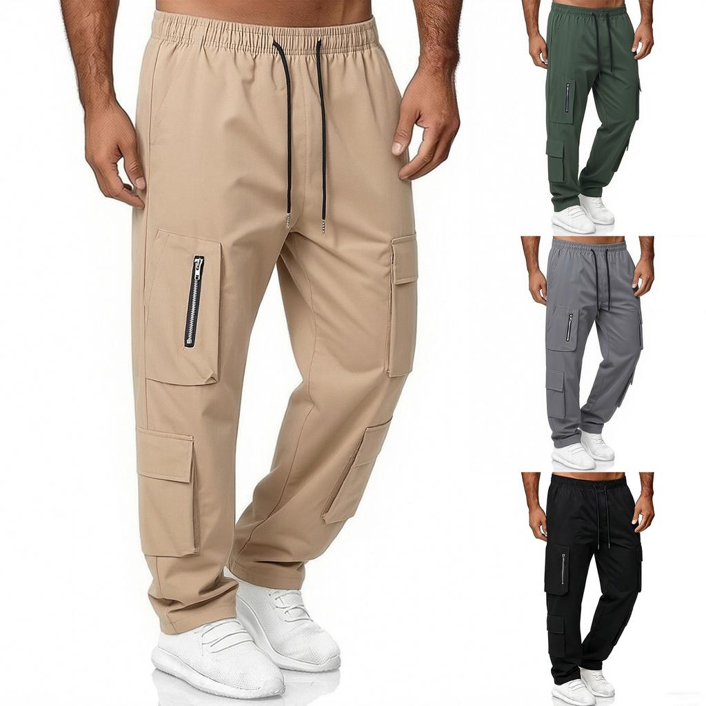Men's Drawstring Multi Pocket Cargo Pants Men's Casual Quick Drying Straight Leg Cargo Pants