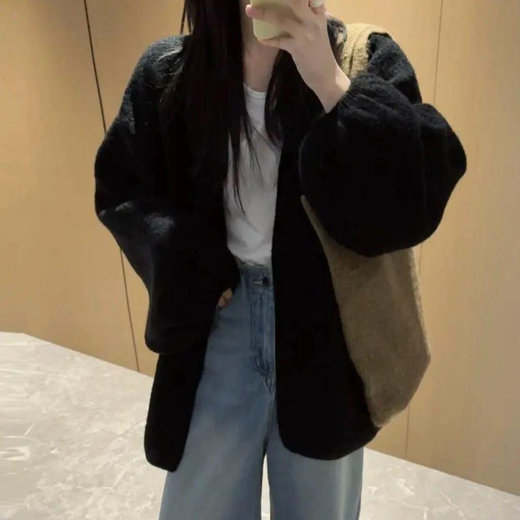 New 2025 Bark Texture Puff Sleeve Knit Cardigan - Spring/Autumn Loose Fit