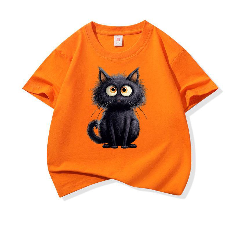 Cute Black Cat Graphic Tee Kids 100 Cotton Crew Neck Casual Breathable T Shirt Short Sleeve Muticolor Tops For Sweet Girls Boys