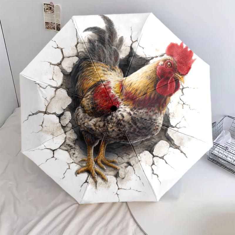 Rooster pattern, automatic folding umbrella, portable and foldable design, 8 ribs, a Christmas or birthday gift.