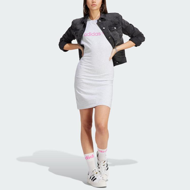 Adidas Originals Trefoil Musc Dress Letter Logo Print Sports Knit Fitted Round Neck Sleeveless Dress Women Dresses Light-Gray IC3081