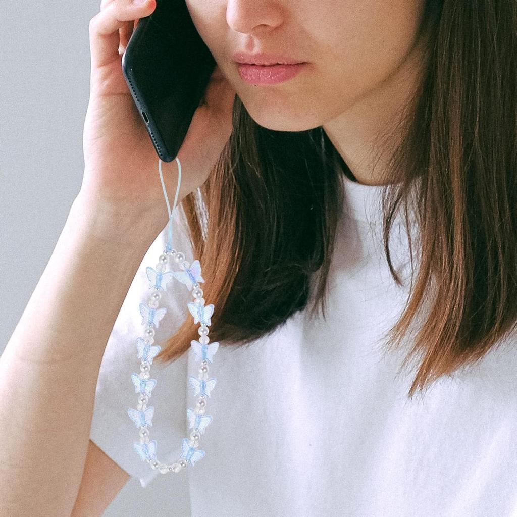 SOIMISS Crystal Cell Phone Lanyard Butterfly Beaded Phone Charm Colorful Phone Chain Phone Wrist Strap for Phone Camera Flashlight Blue