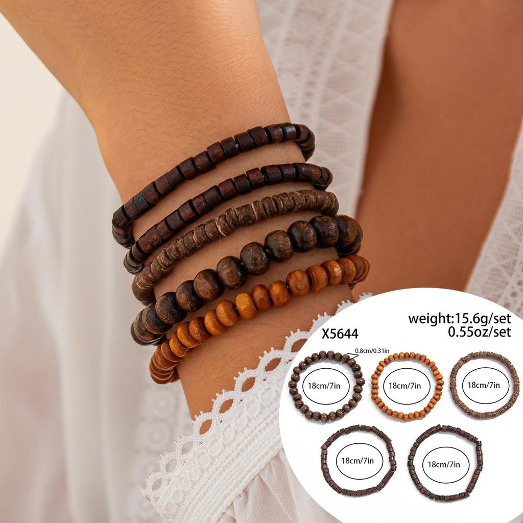 Women Beaded Bracelet Vintage Boho Style Handmade Leather Stretch Bracelet Fashion Vacation Men Accessories 5-piece Set