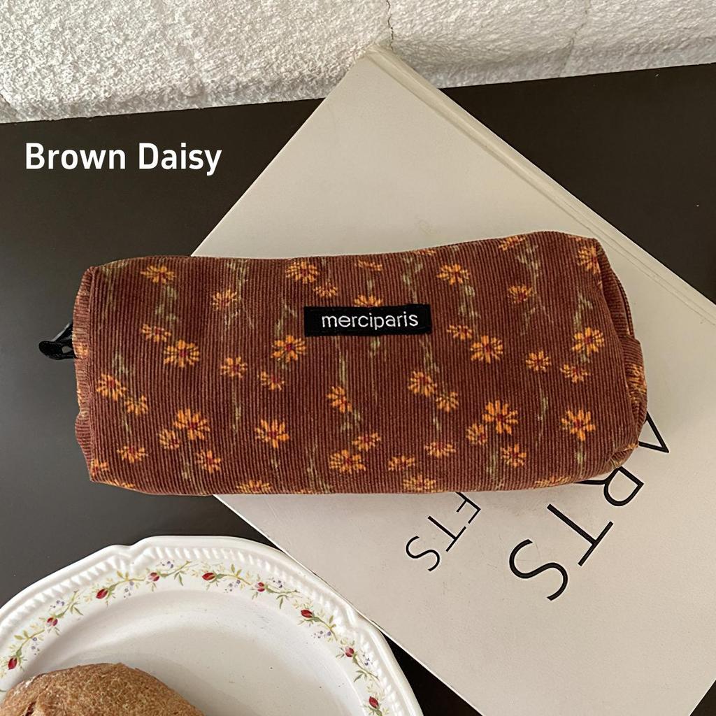 1pcs Corduroy Pencil Bag Pen Case Vintage Flower Grid Artistic Style Student Bag Unique Stationery Storage Pouch School