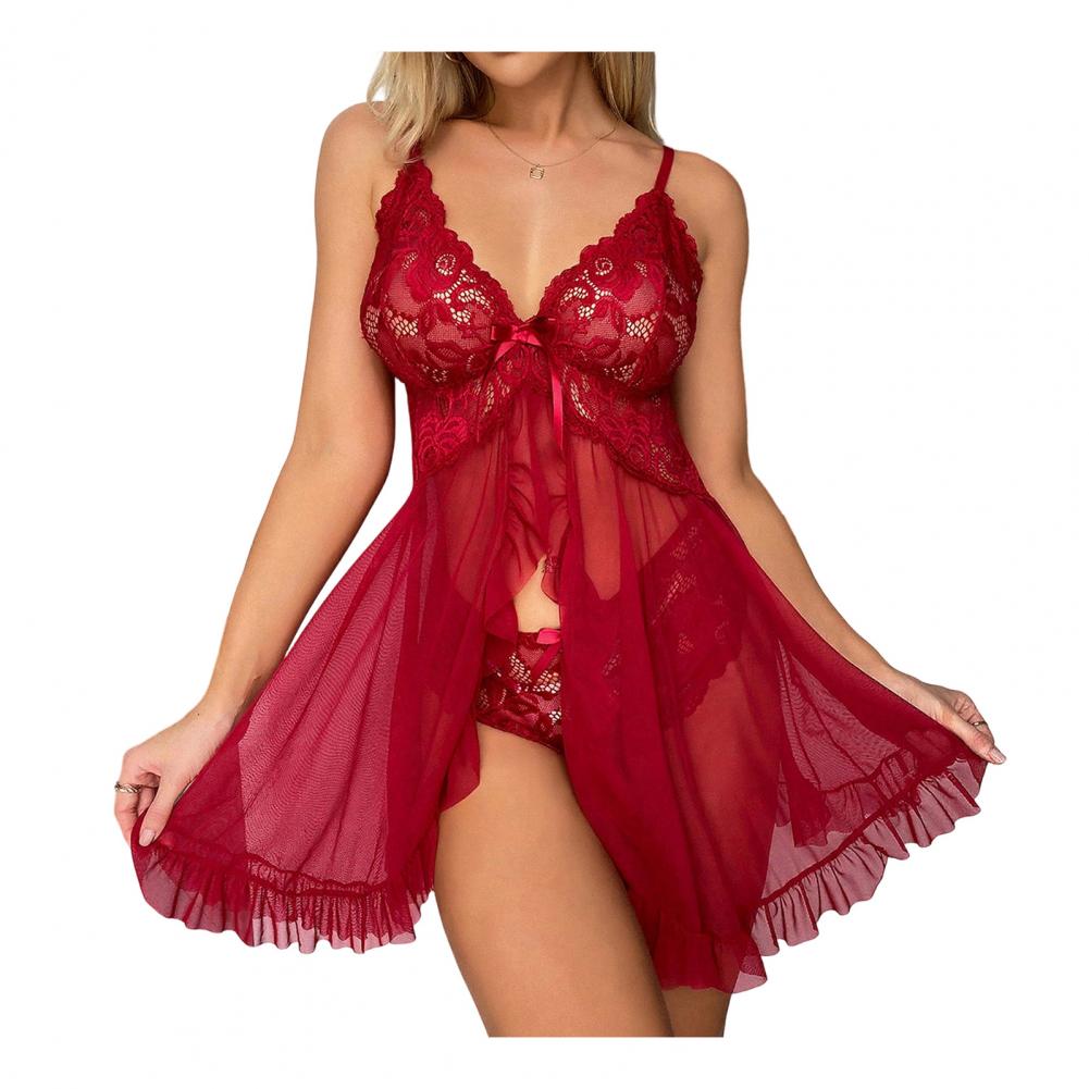 Spaghetti Strap Mini Sleep Dress Women Sexy Nightgown Set See-through Mesh Lace Nightdress Thong 1 Piece Set Babydoll Sleepwear