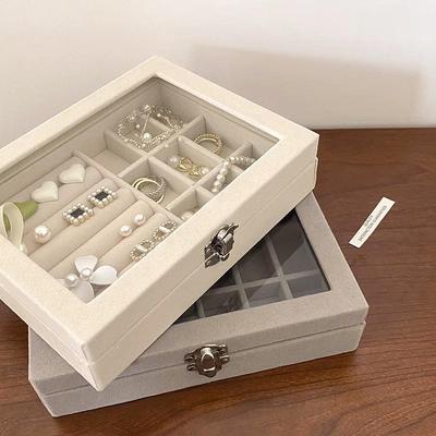 Elegante Samt-Schmuckschatulle mit Schloss - Kompakte staubdichte Aufbewahrung für Ringe, Halsketten, Ohrringe & mehr mit Glasdeckel