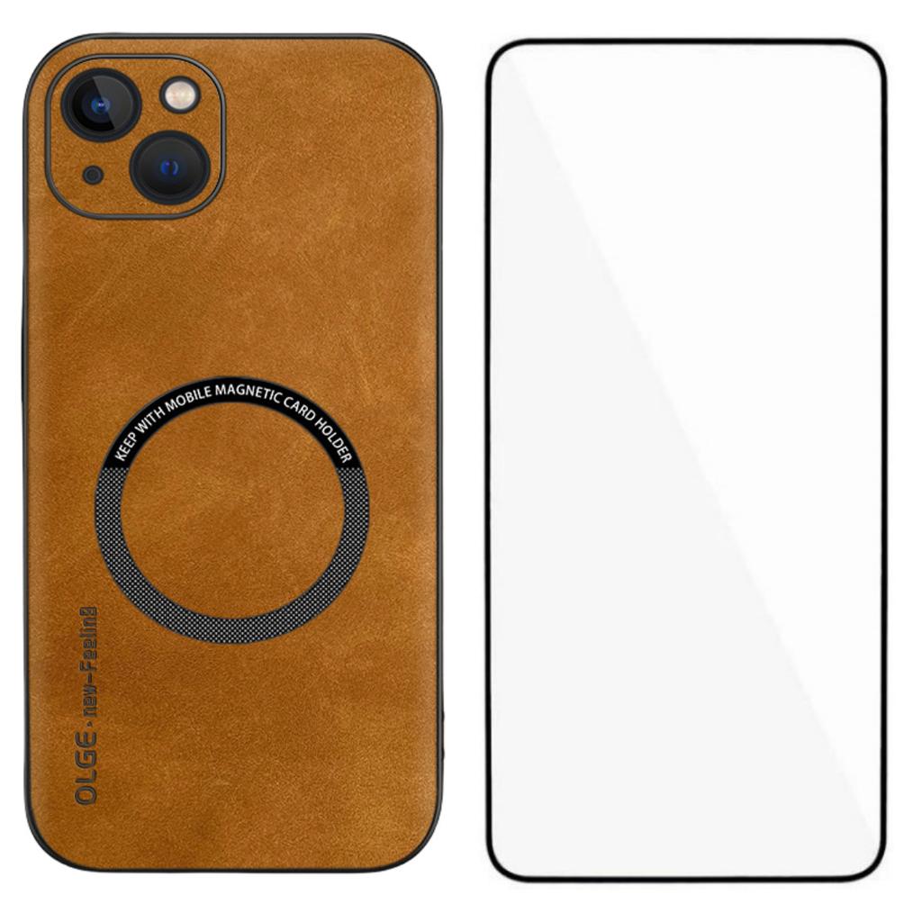 For iPhone 13 Magnetic Case with Tempered Glass Film PU Leather+TPU Phone Cover Precise Cutouts