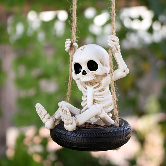 Halloween Resin Skeleton Swing Ornament Skeleton on A Tire Swinging Decoration for Car Rearview Mirror Garden Yard Tree Decor