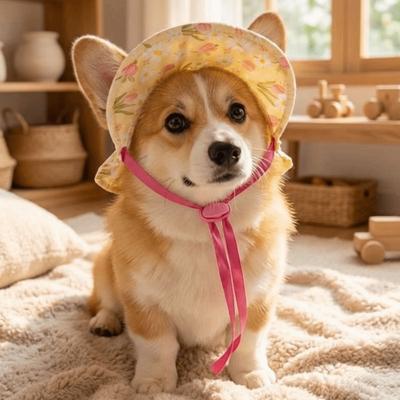 Floral Pattern Pet Sun Hat Round Brim Adjustable Adorable Pet Hat UV Protection With Ear Holes Cat Sun Protection Hat