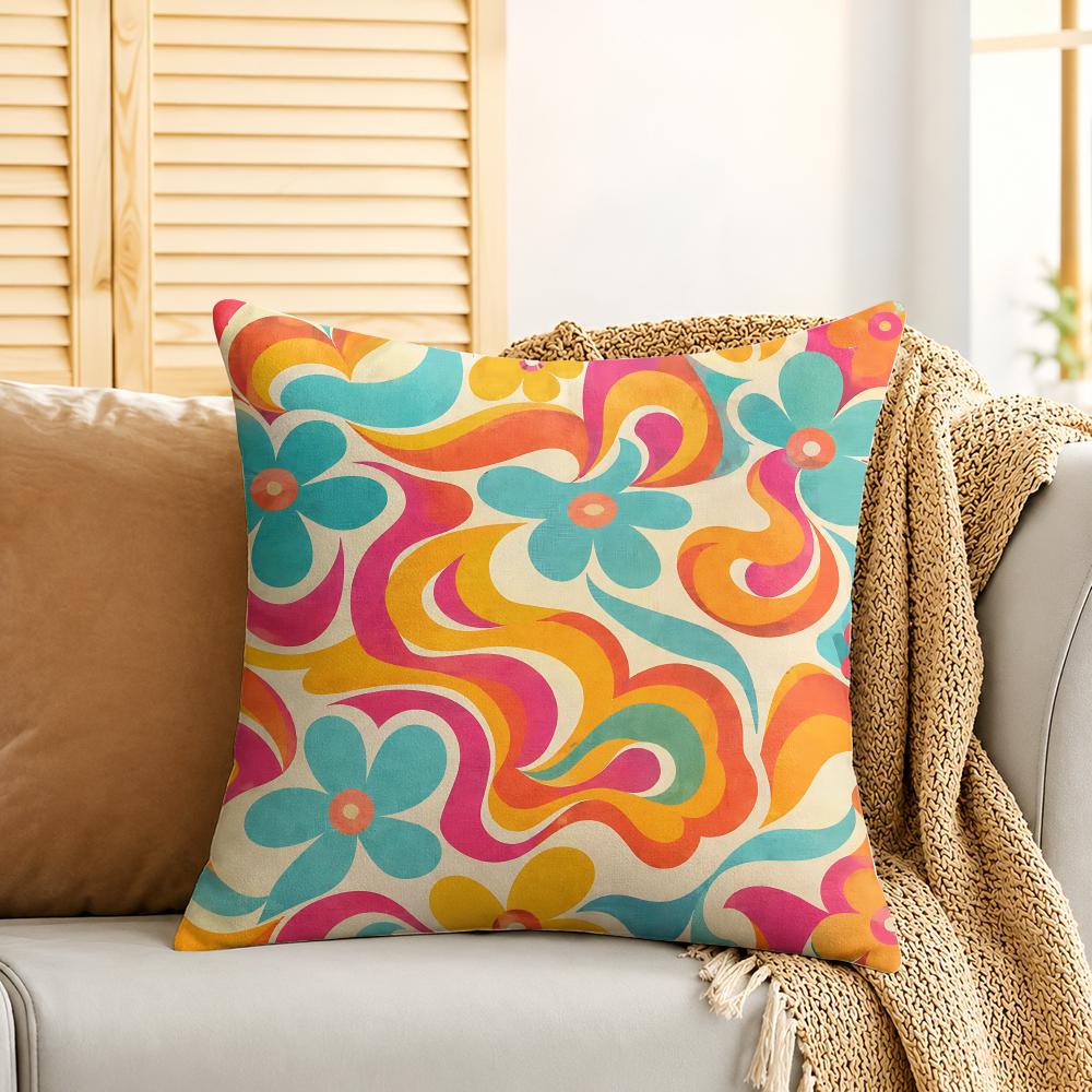 Groovy Retro Blumen Kissenbezug Seidiger Kurzer Plüsch Unsichtbarer Reißverschluss Staubdicht Sofakissenbezug Für Heimdekoration