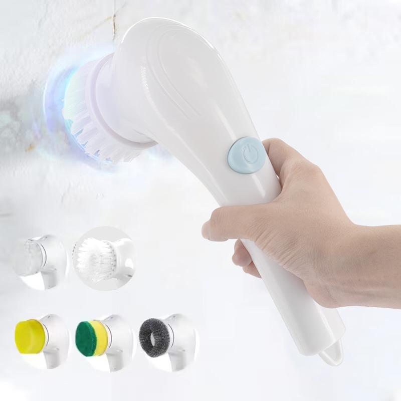 

5-в-1 USB аккумуляторная беспроводная электрическая вращающаяся скрубберная машина с 5 сменными насадками для чистки ванной комнаты и кухни белый