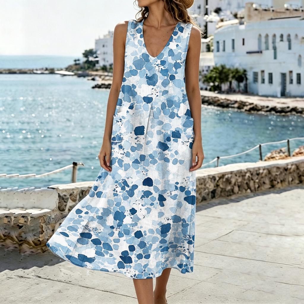 Women’s Sleeveless V Neck Midi Dress with Pockets Floral Print Cotton Linen Split Hem Casual Tank Style