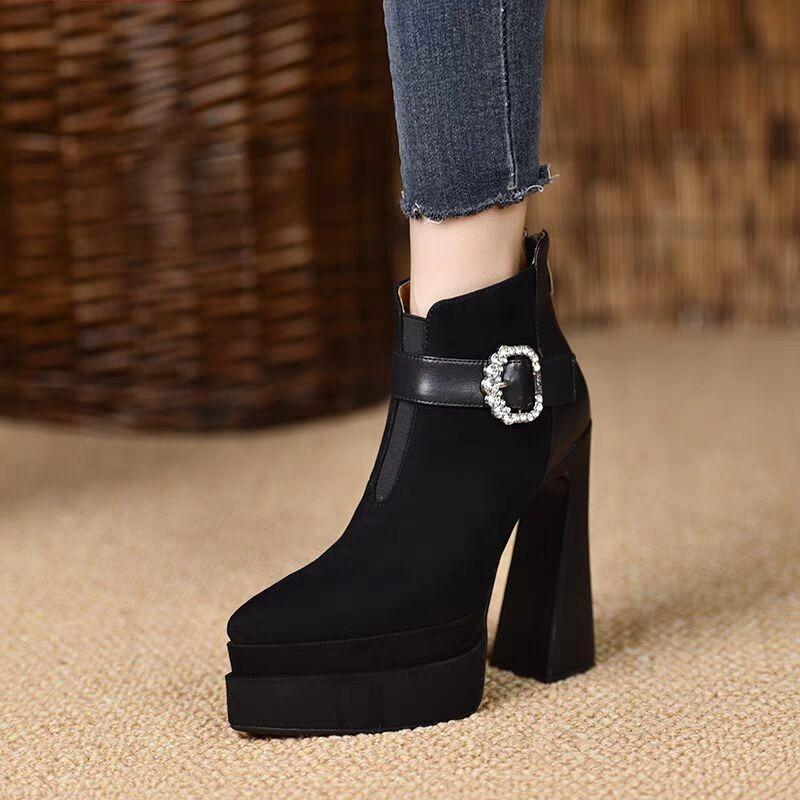 Fashion Crystal Platform Pointed Toe Women Ankle Boots Super High Heels Shoes 2025 Trend Luxury Brand Chunky Chelsea Snow Botas Pumps