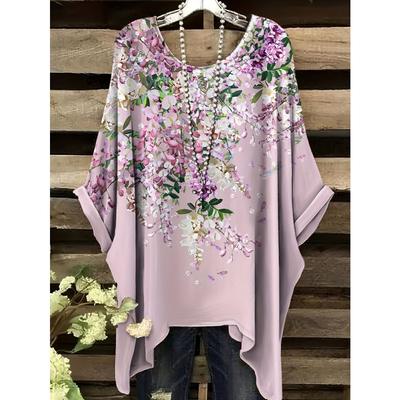Damen Sommer Böhmisches T-Shirt mit Blumendruck Vintage Helllila Y2k Grafik Rundhals Kleidung Elegant Frau Kurzarm Top