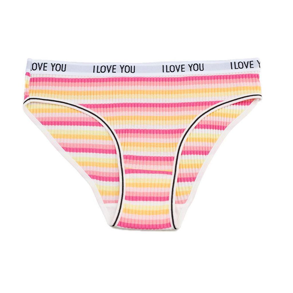 Women's Pure Cotton Ribbed Low Waist Panties: Colorful Letter, Breathable, Double-Layer Crotch, Striped Design for Girls.