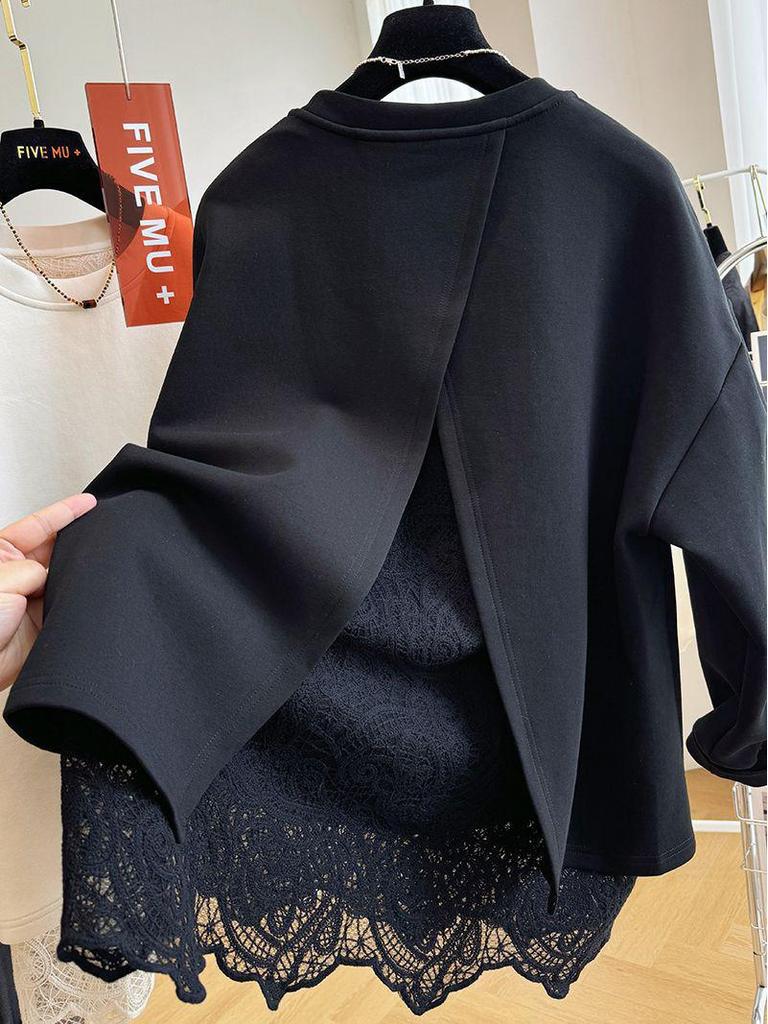 Women's 2024 Lace Splicing Faux Two-Piece Round Neck Sweatshirt - Spring/Autumn Casual Loose Fit