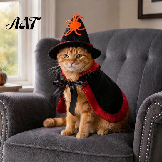 Festive Pet Cloak And Hat Set 1 Halloween Cat Witch Costume, Black Cape Wizard Hat, Moon Adjustable Star Pointed for Cats Small Medium