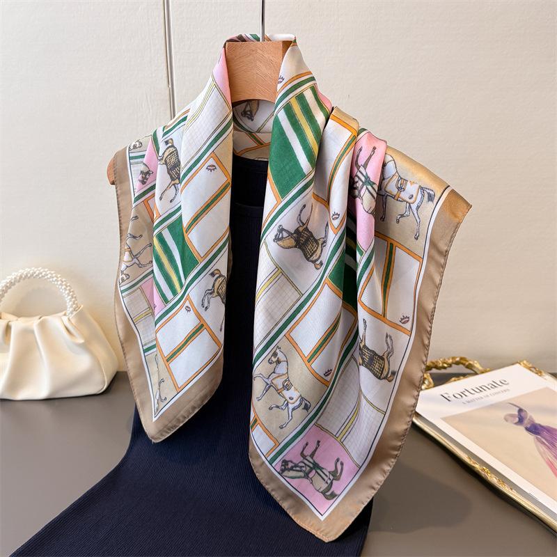 Luxury Horse Lightweight Faux Silk Printed 70cm Small Square Scarf Shawl Neck Scarf High-End Fashion Neck Head Wrap Scarf