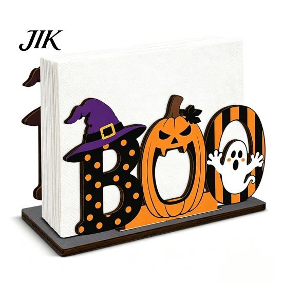 Desktop Holiday Decoration Halloween Wooden BOO Napkin Holder, Cartoon Ghost Pumpkin Witch Hat Paper Towel Ornament Wood Table Centerpiece for