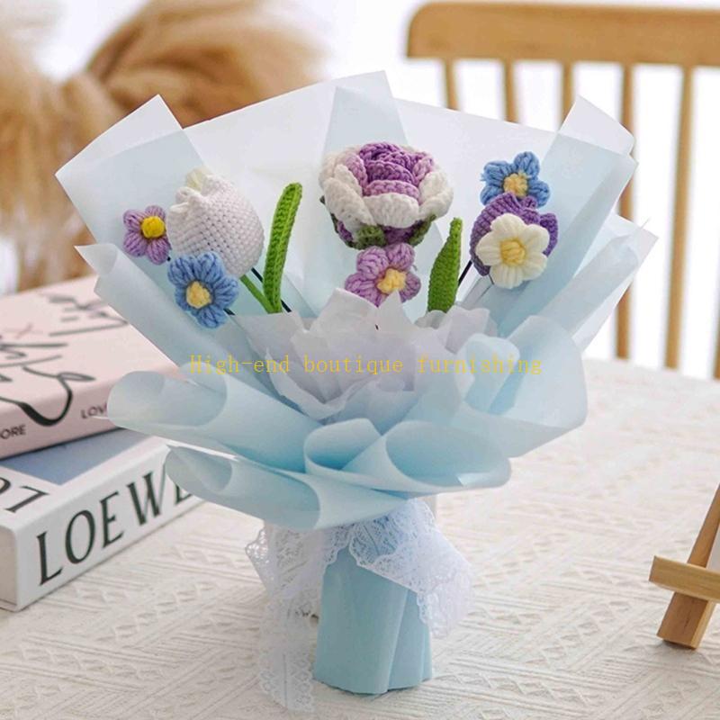 Hand-Knitted Flower Crochet Finished Flower Bouquet with Warpping Paper Wedding Party Decoration Valentines Day Gift