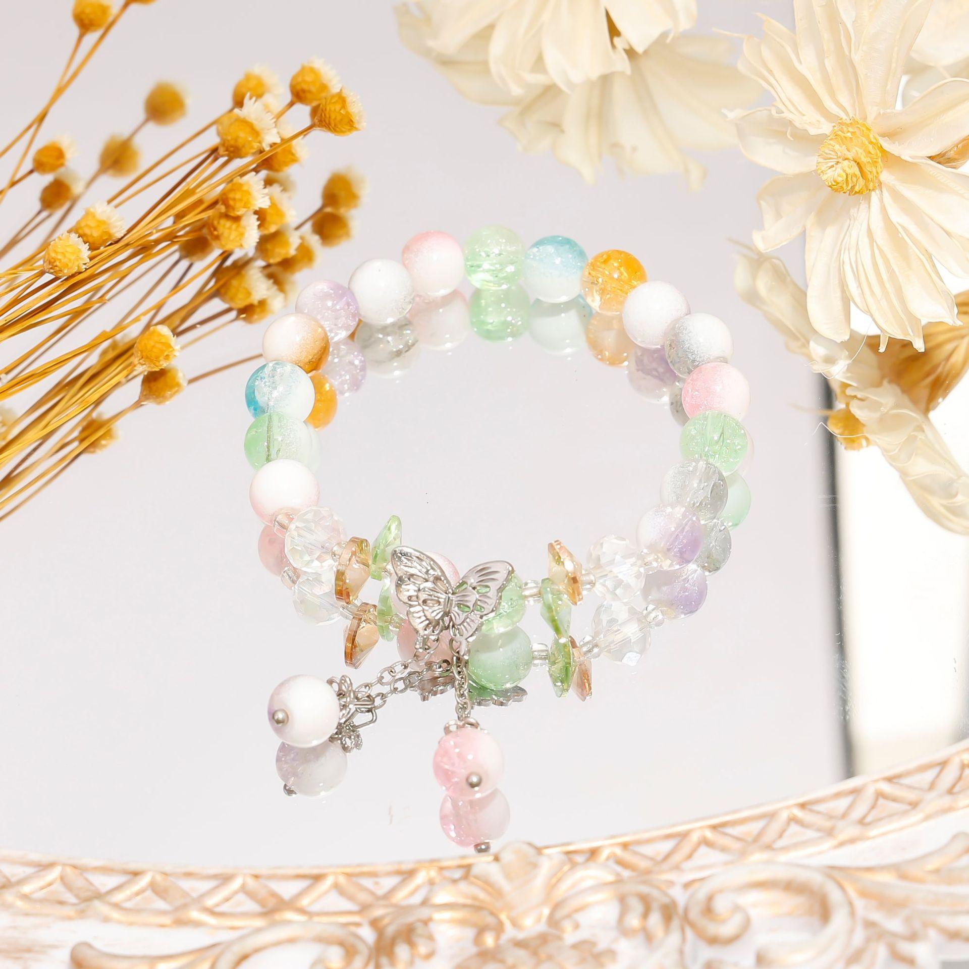 

Бусины с эффектом кракелюра, браслет из бисера на эластичной веревке с бабочкой, милый браслет из стекла для девушки, ювелирные изделия для прилавка на ночном рынке