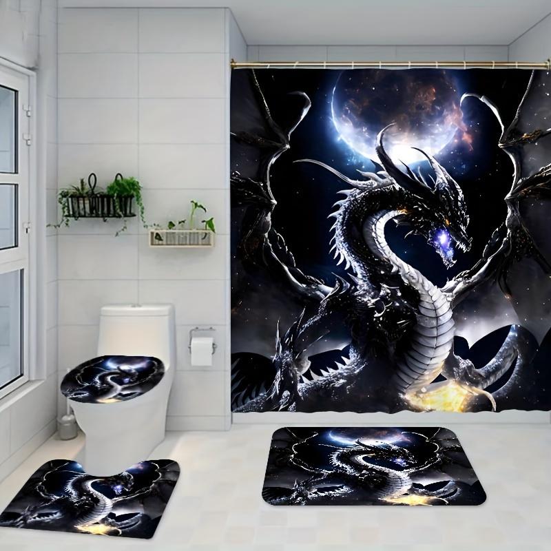 

Roaring Black Dragon Bathroom Set under Moonlight - Waterproof Shower Curtain, Toilet Lid, Bath Mat, and Contour Mat