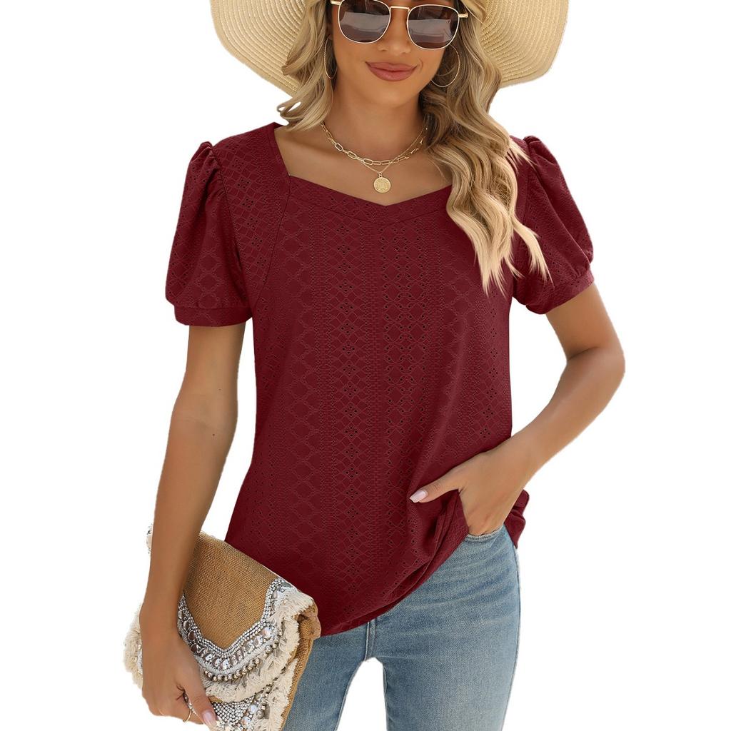 Spring Summer New Women's Solid Color Square Neck Puff Short Sleeve T-shirt Loose Casual Top For European American Cross-border