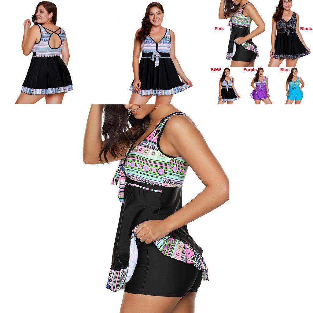 Elegant Womens Fashion Plus Size V Neck Skirted Print Front Tankini Swimsuit