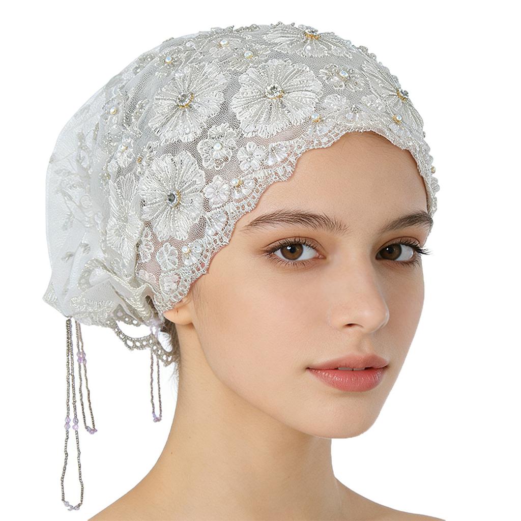 Turban Hat for Women Lace Bead Muslim Hijab Beanie Cap Shinny Bonnet Hat With Beaded Fringe Women's Head Wraps Floral Embroidery Beaded Headwrap Cover