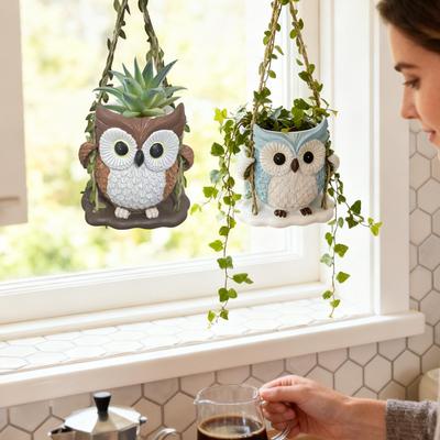 Cute Resin Owl Planter Hangable Owl Shaped Plant Pots Small Owl Flowerpot With Drainage Hole For Garden Patio Porch Bedroom
