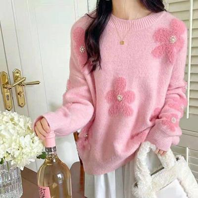 Flower Nail Bead Sweaters for Women Loose Round Neck Winter Pullover for Lady Korean Long Sleeved Chic Versatile Sweater