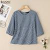 ZANZEA Women Vintage Round Neck 3/4 Sleeves Loose Plaid Blouses