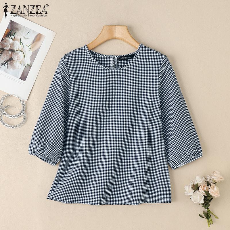 ZANZEA Women Vintage Round Neck 3/4 Sleeves Loose Plaid Blouses
