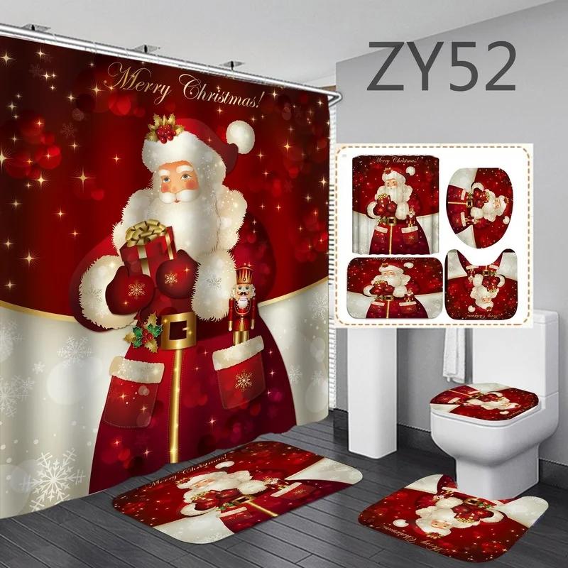 

4 шт./компл. Рождественские занавески для ванной комнаты, комплект из 4 предметов, занавеска для душа с изображением Санта-Клауса, коврик для унитаза, нескользящий коврик, водонепроницаемая занавеска для душа ZY52