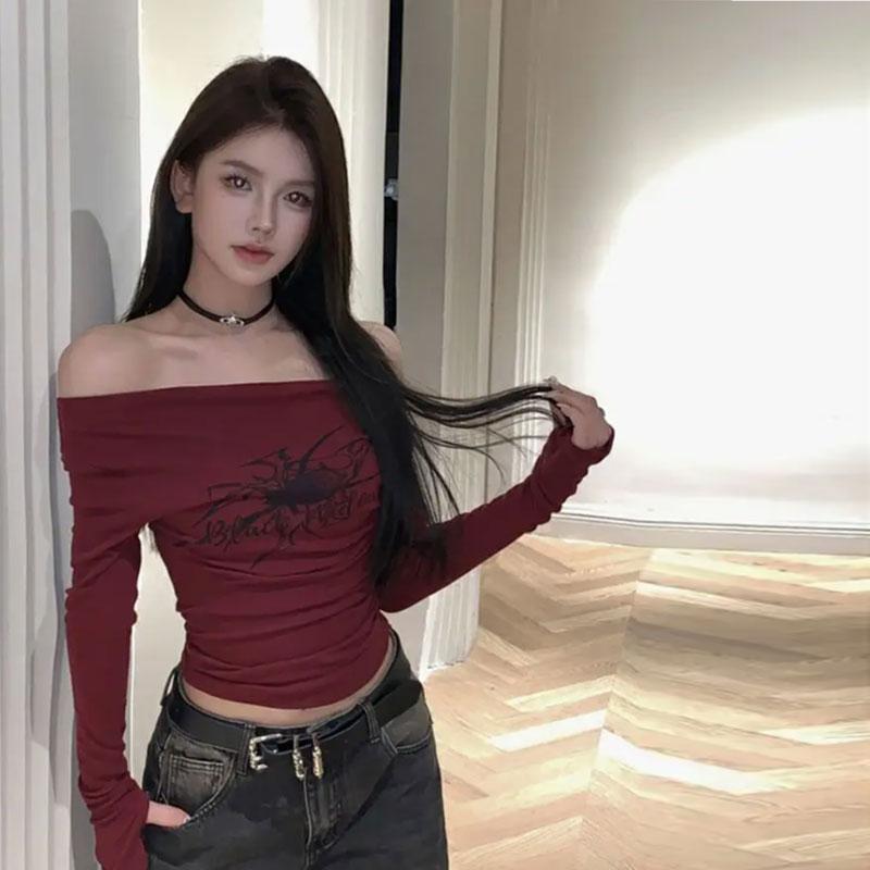 2KWEIRD Women Y2K Gothic Grunge T Shirts Off Shoulder Streetwear Fairycore Hip Hop Tops Punk Casual Tees Female Clothes