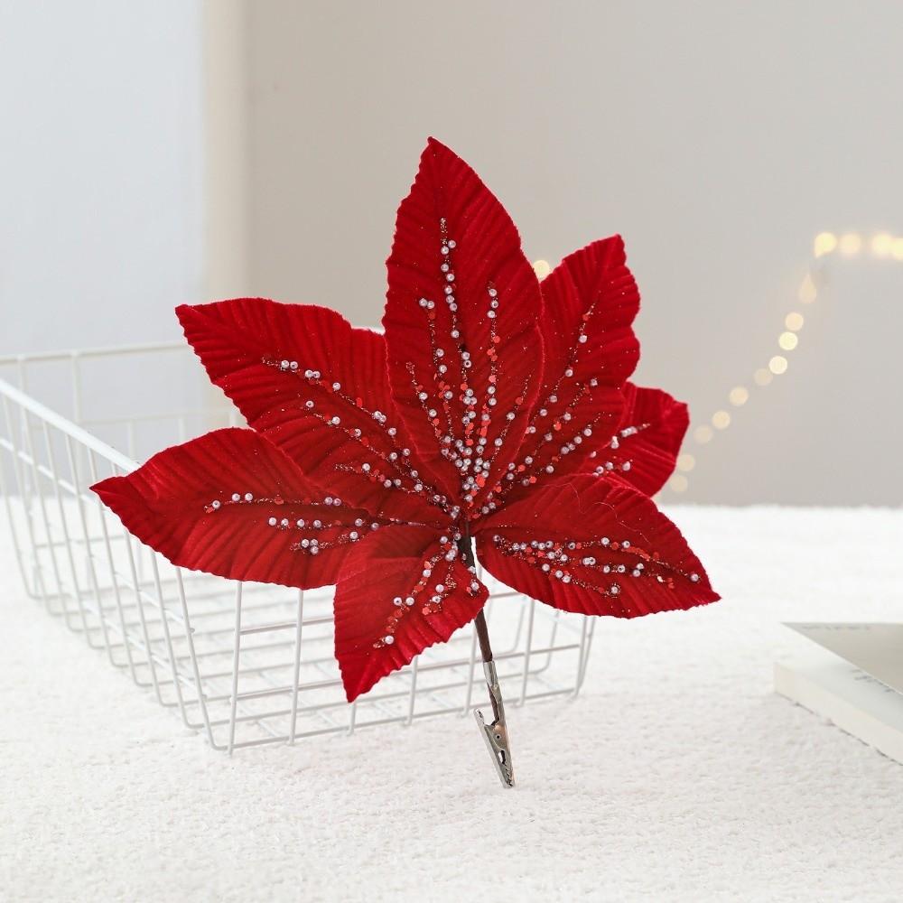 New 25CM Artificial Poinsettia Flower Glitter Sparkling Simulation Flowers Sequins DIY Christmas Flower Christmas Tree Accessory