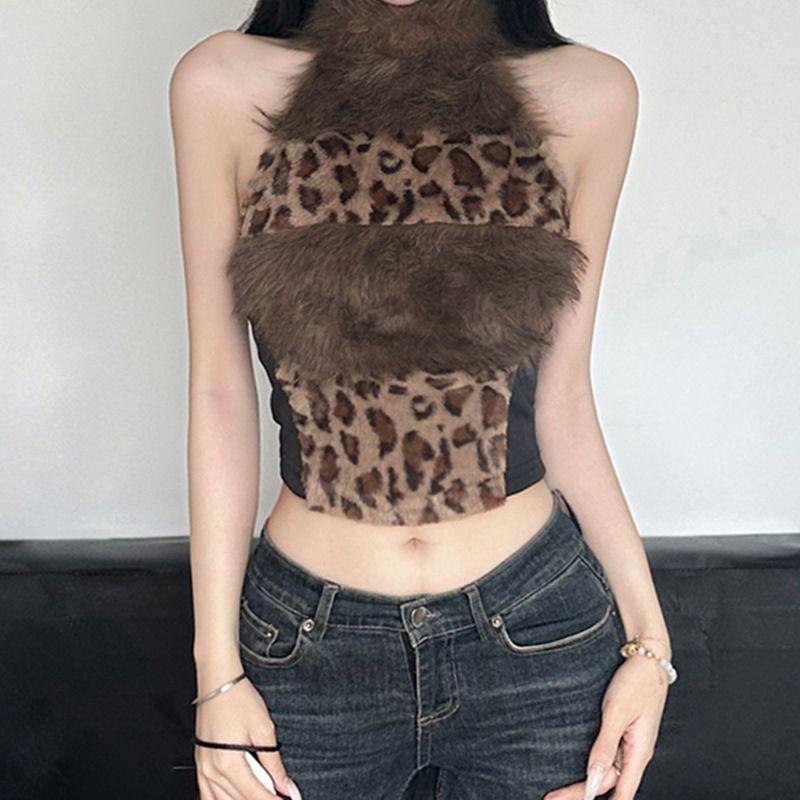 Collar Halterneck Sleeveless Leopard Print Vest European and American Foreign Trade Women's Clothing Sexy Style Pure Desire Silm Short Open Back Tops