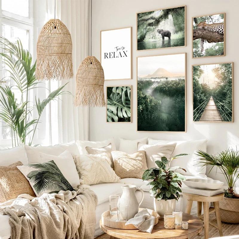 Jungle Landscape Canvas Poster Animal Leopard Elephant Print Painting Palm Leaves Forest River Bridge Nordic Picture Decoration