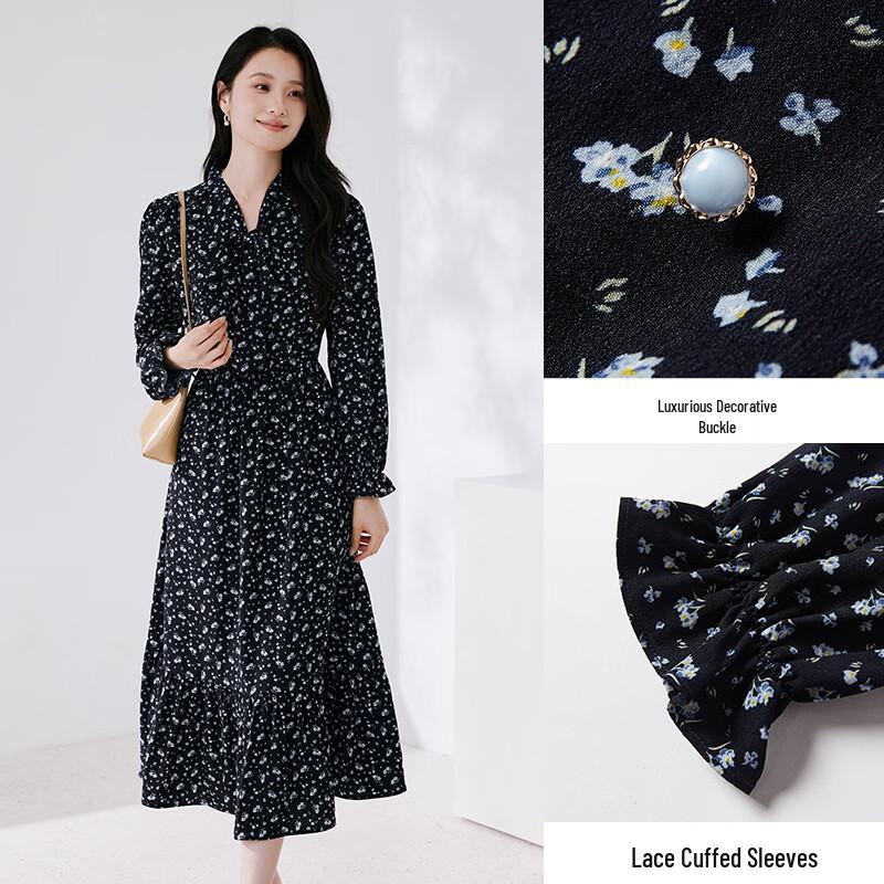 Xiangying French Style Blue Floral Long-Sleeve Dress