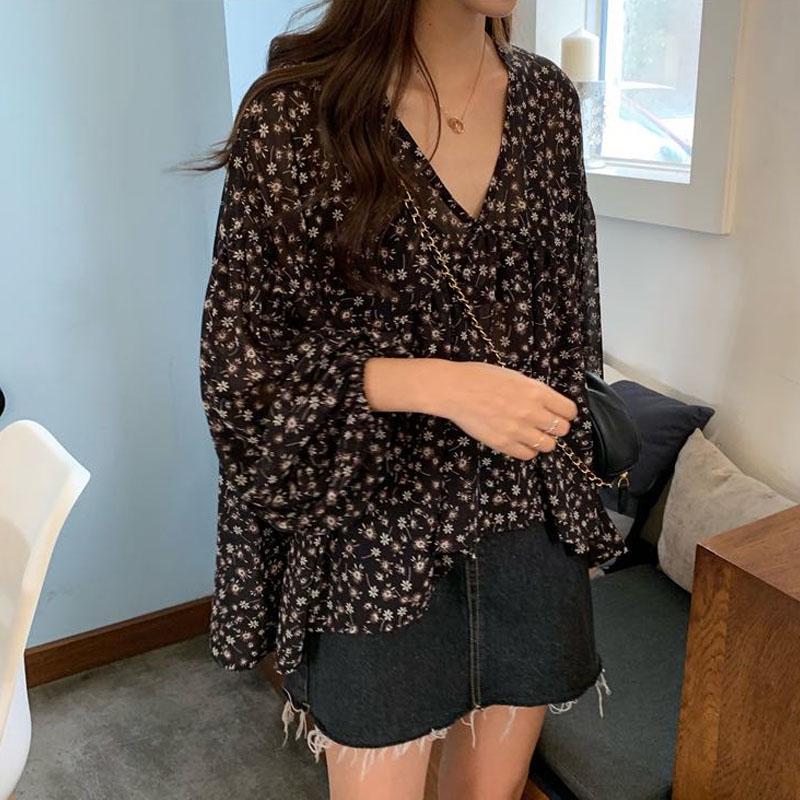 

V-neck Chiffon Shirt Women Sweet Tops Blouse Spring Korean Floral Print Long Sleeve Casual Loose Slim Lady Clothes S чорний