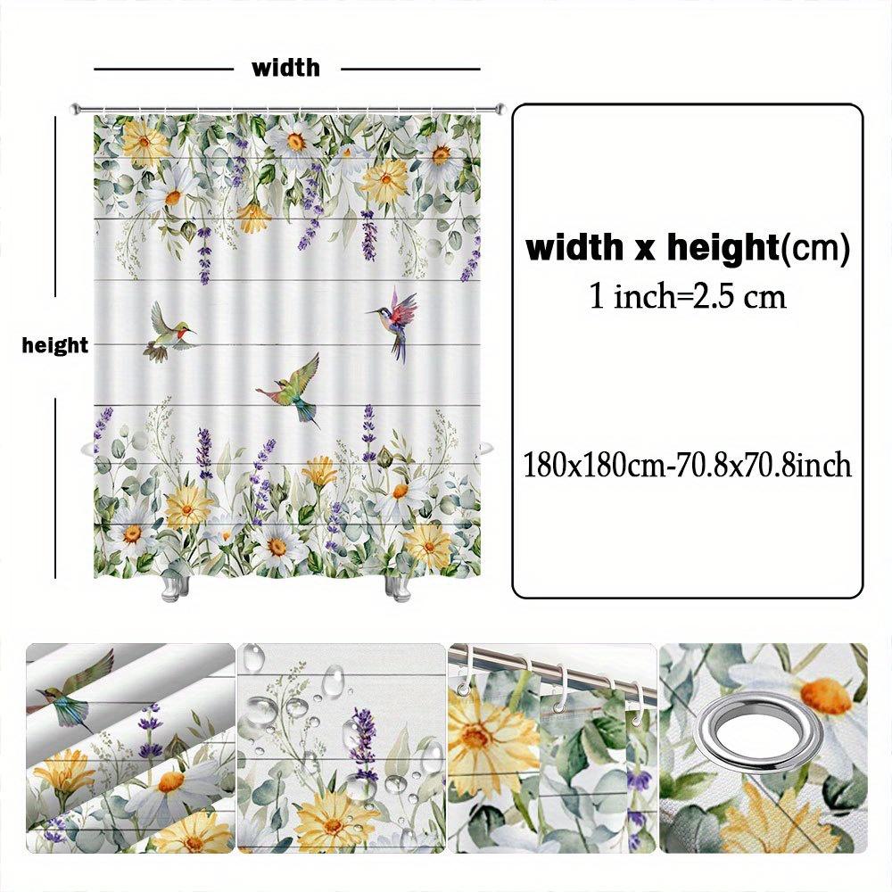 Charming Floral and Hummingbird Shower Curtain for a Fresh and Inviting Bathroom, Featuring Vibrant Yellow Daisies, Purple