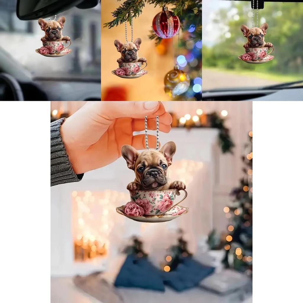Creative Cartoon Acrylic Flat Dog Tea Cup Car Hanging Ornament For Interior Decoration