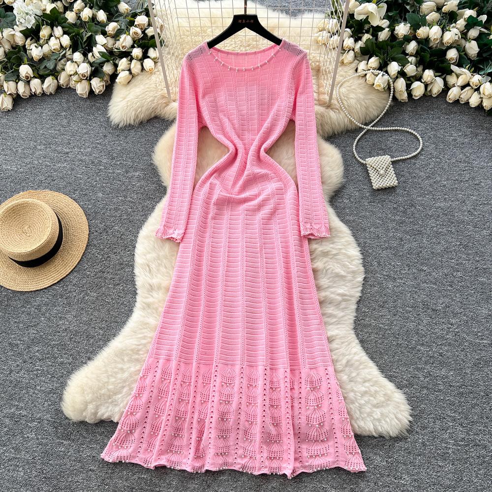 Xiaoxiangfeng Senior Sense Celebrity Heavy Industry Bead Crew Neck Long Sleeve Hollow Knitted Dress Women's Waist Inner Long Dress