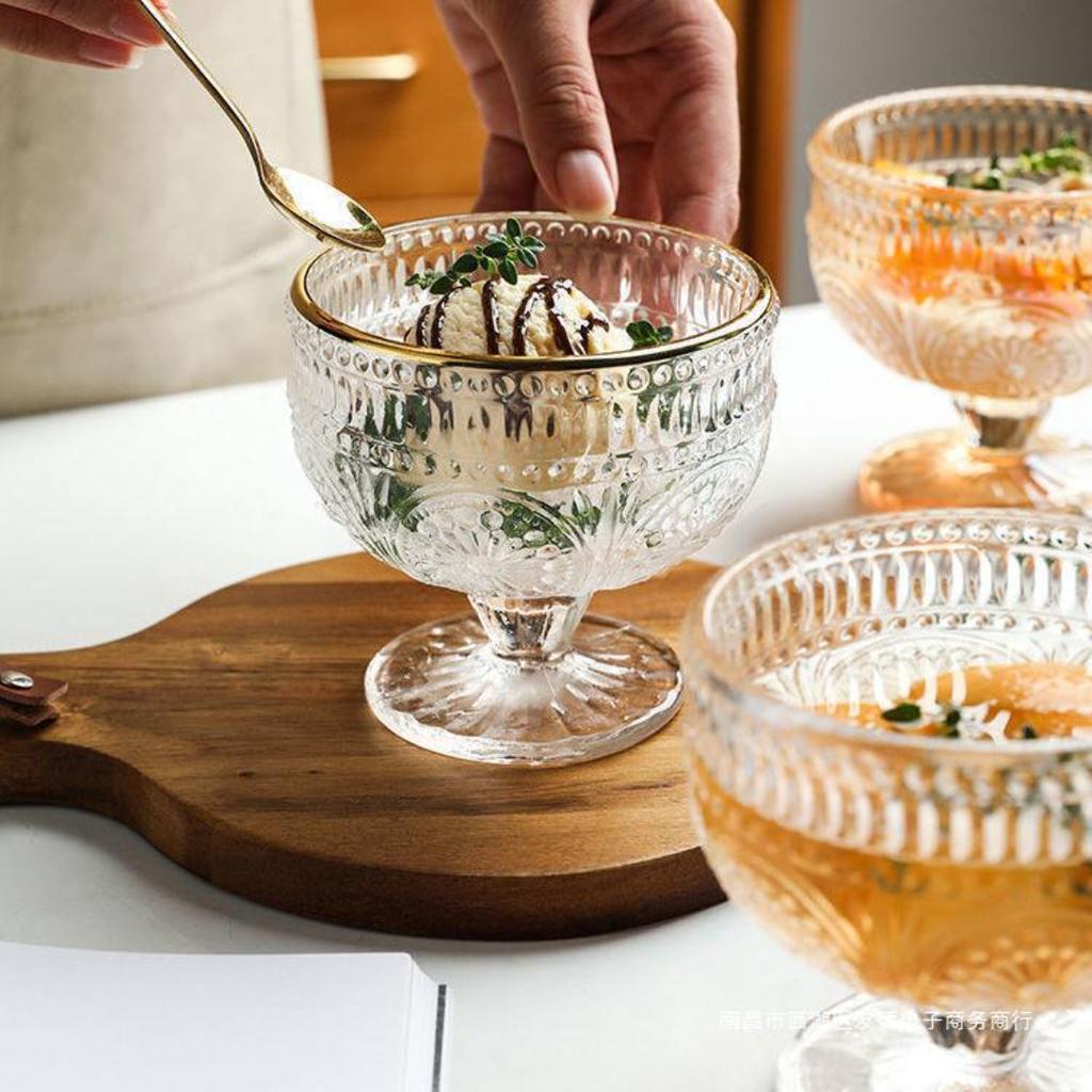 Vintage Beker Zonnebloem Reliëf Glas Beker Voet Dessert IJs Kom Salade Kom Snoep Taart Kom voor Thuis Feest Bruiloft