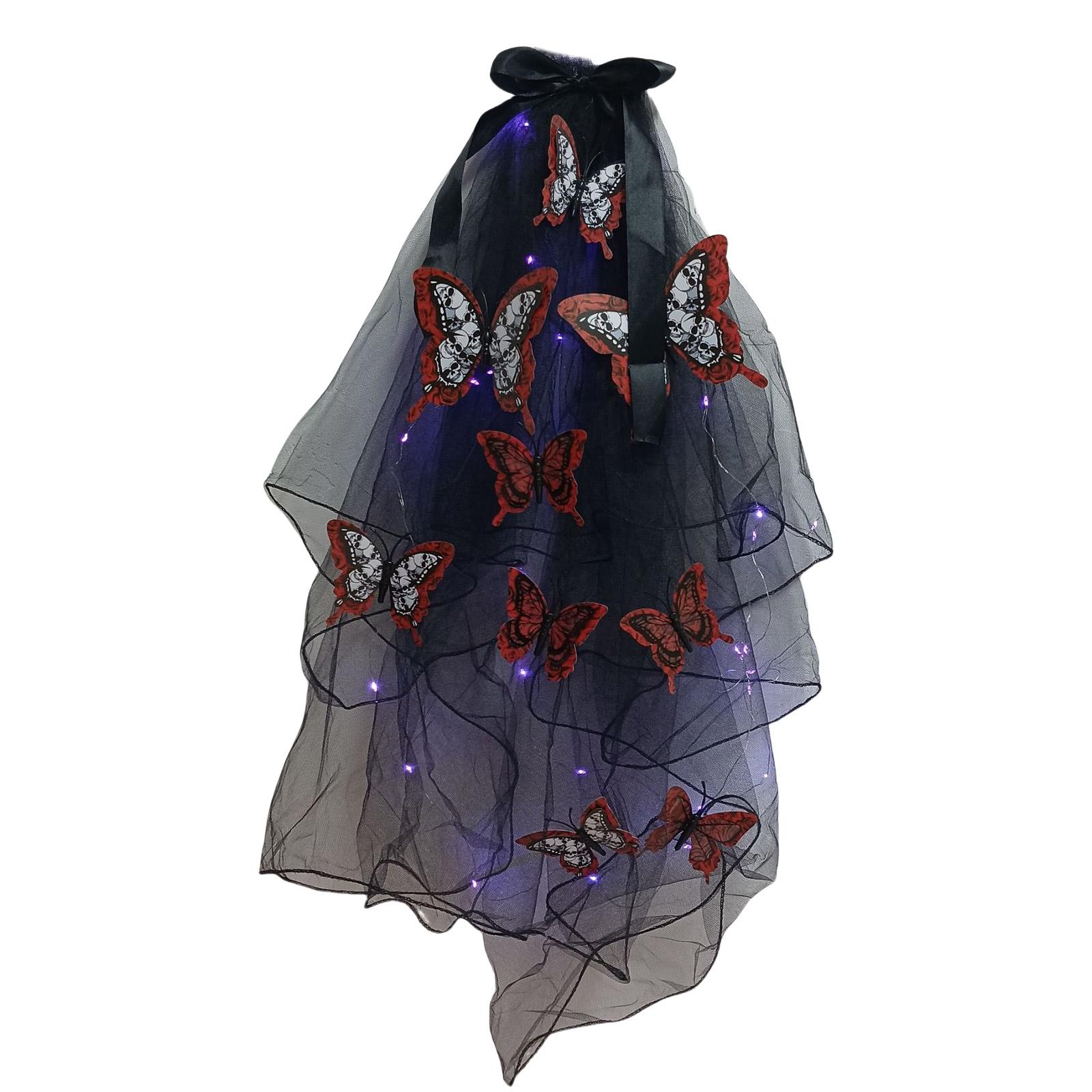 

Светодиодная подсветка вуали на Хэллоуин, аксессуар для волос, регулируемая вуаль на Хэллоуин со светящимся черепом-бабочкой для костюмированных встреч B